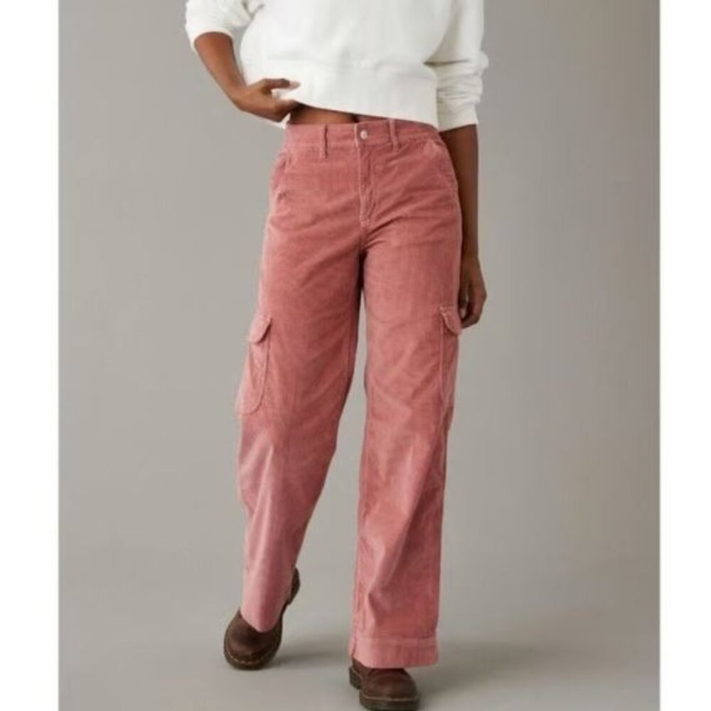 American Eagle Baggy Wide Leg Corduroy Pants Womens 2 Pink High Rise Cargo YY05X